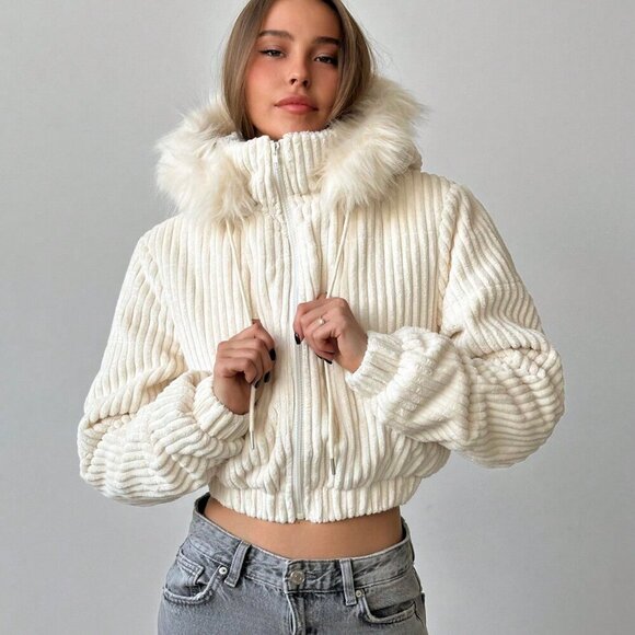 Apricot Casual Women's Corduroy Patchwork faux fur trim Hooded Short Padded Coat - Picture 1 of 6